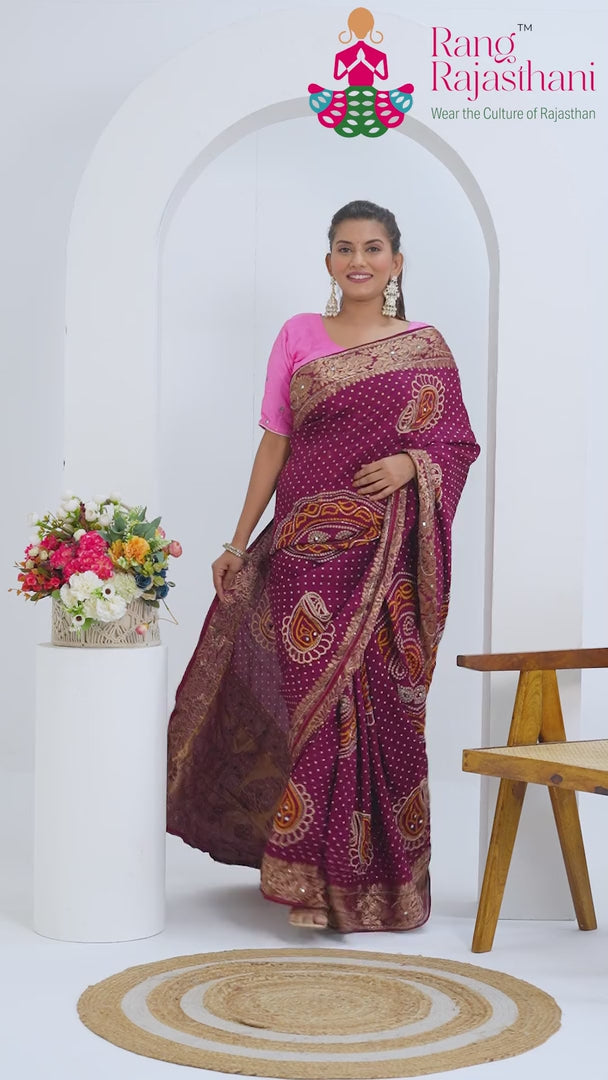 Wine Pure Russian Silk Hand Embellishment Chunri Saree for Wedding Guest | Signature Drape