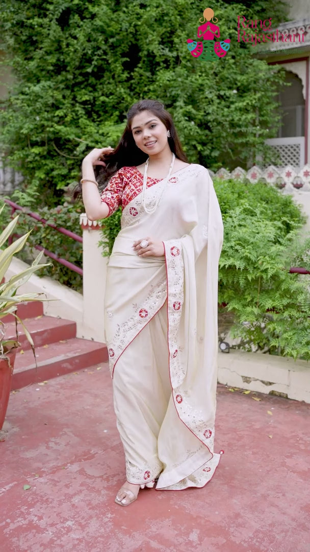 Beige Pure Tissue Silk Gota Patti Saree for Wedding Guest | Reception Wear