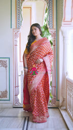 Red Pure Dola Silk Bandhani Gharchola Saree for Karwa Chauth | Top Pick