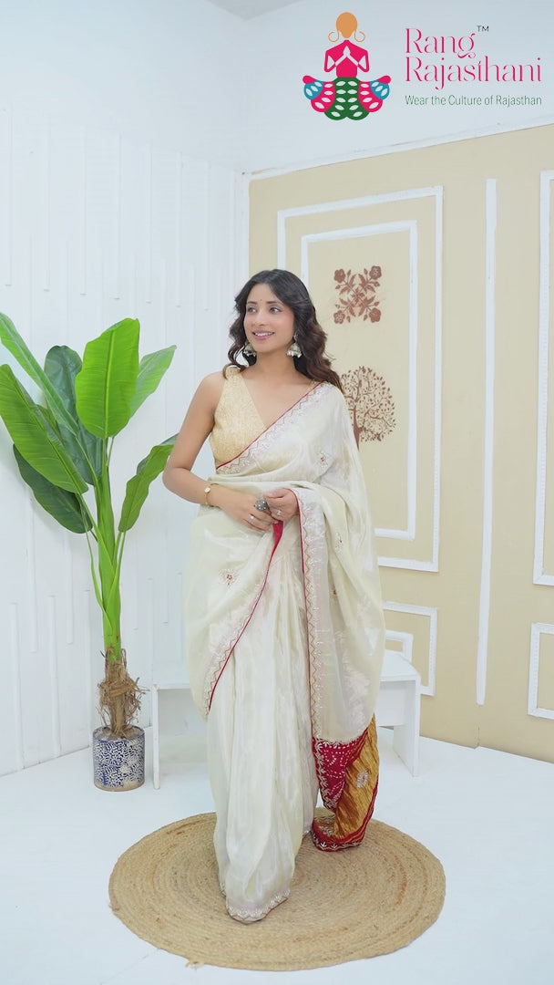 Cream Pure Tissue Silk Gota Patti Saree for Wedding Reception | Bridal Wear