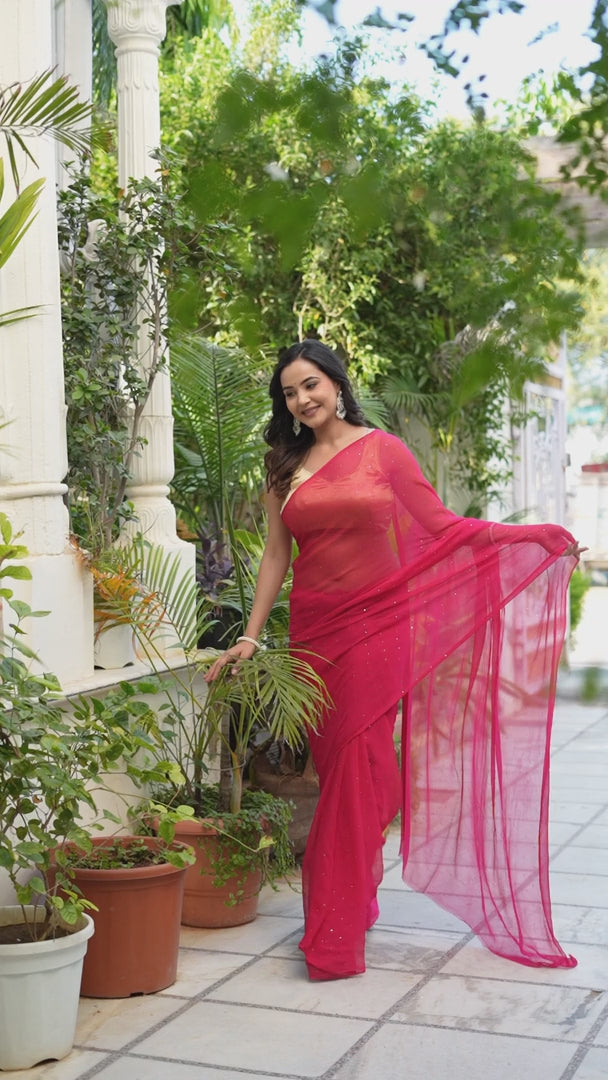 Rani Pure Chiffon Mukesh Saree for Mehendi Ceremony | Wedding Wear