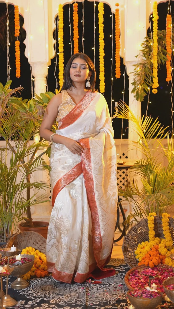 Cream Pure Ho Silk Banarasi Zari Weave Faag Saree for Wedding Reception | Designer Edit