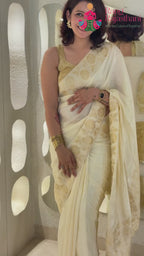Cream Pure Ho Silk Banarasi Zari Weave Saree for Wedding Reception | Premium Collection