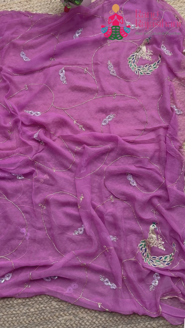Purple Pure Chiffon Hand Embellishment Saree for Bridal | Shop Latest
