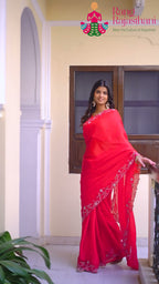 Red Synthetic Zari Embroidery Saree for Karwa Chauth | Designer Saree