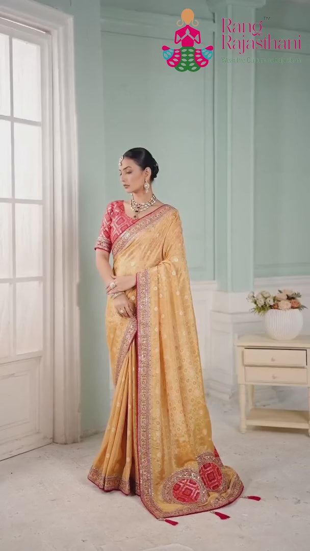 Yellow Synthetic Jacquard Weave Saree for Bridal | Festive Wear