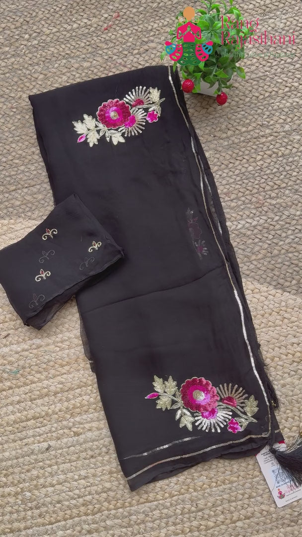Black Pure Chiffon Sequin Saree for Wedding Reception | Luxe Collection