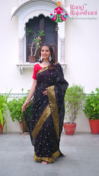 Black Pure Ho Silk Mirror Saree for Wedding Reception | Signature Edit