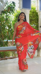 Red Pure Chinon Hand Embellishment Saree for Red Puja Sarees | Buy Online