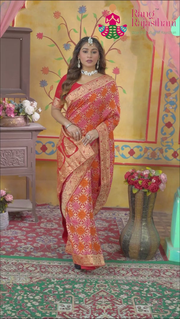 Red Soft Georgette Bandhani Chunri Saree for Mayra Ceremony | Ethnic Edit