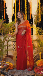 Red Pure Chiffon Hand Embellishment Saree for Red Puja Sarees | Shop Now