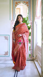 Red Pure Dola Silk Bandhani Saree for Karwa Chauth | Curated Look