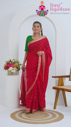 Red Chinnon Sequin Saree for Karwa Chauth | Authentic Craft