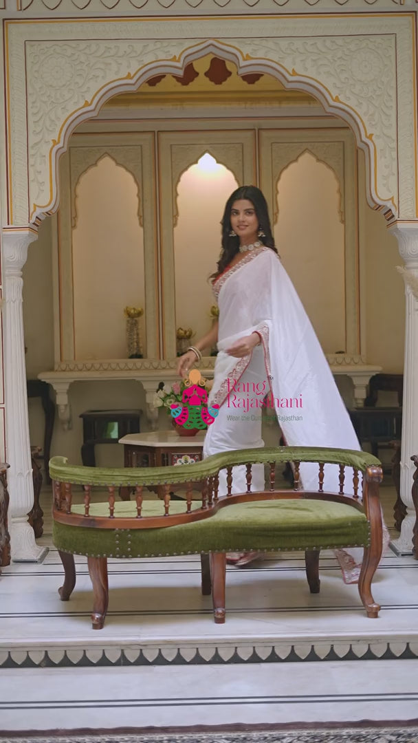 White Synthetic Zari Embroidery Faag Saree for Festive Celebration | Best Seller