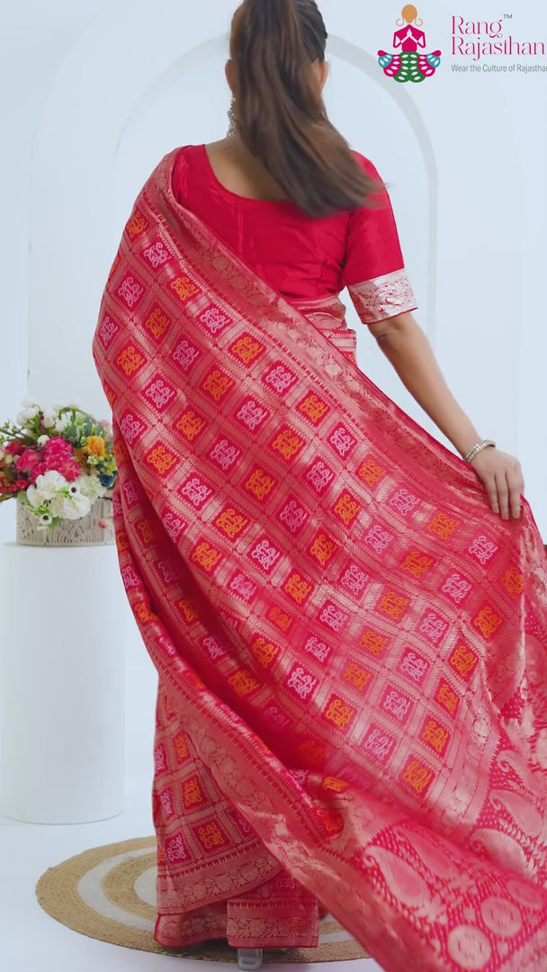 Red Pure Dola Silk Banarasi Zari Weave Gharchola Saree for Wedding Guest | Shop Now