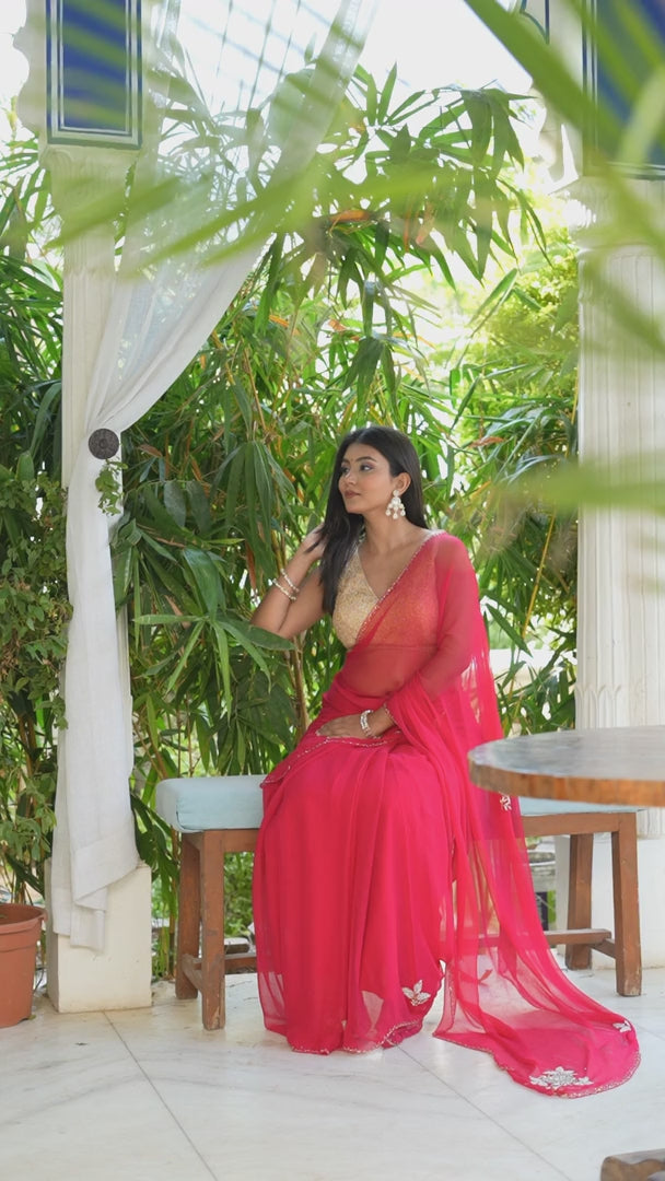 Rani Pure Chiffon Hand Embellishment Saree for Red Puja Sarees | Shop Online