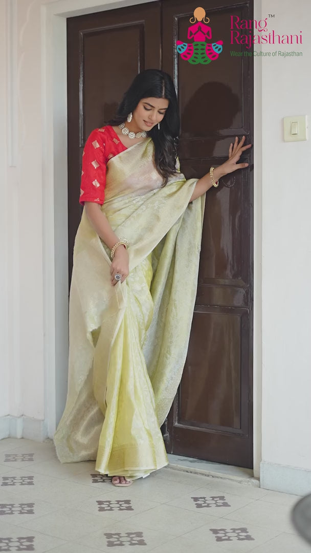 Beige Pure Tissue Silk Jacquard Weave Saree for Wedding Guest | Ethnic Luxe