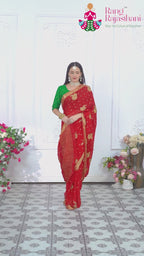 Red Chinnon Zari Embroidery Saree for Wedding Guest | Reception Pick