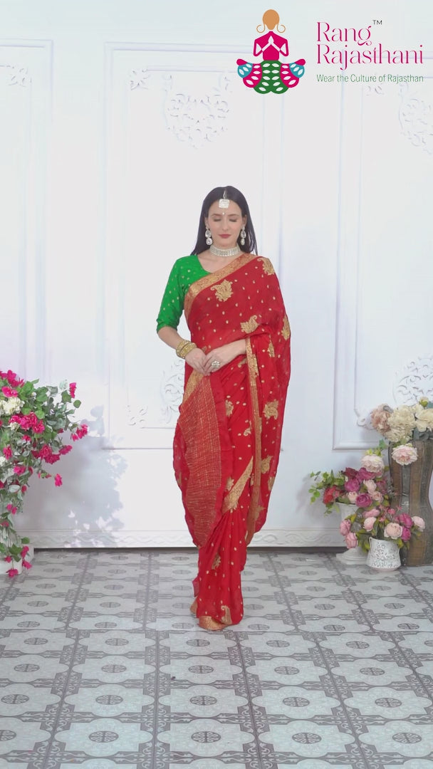 Red Chinnon Zari Embroidery Saree for Wedding Guest | Reception Pick