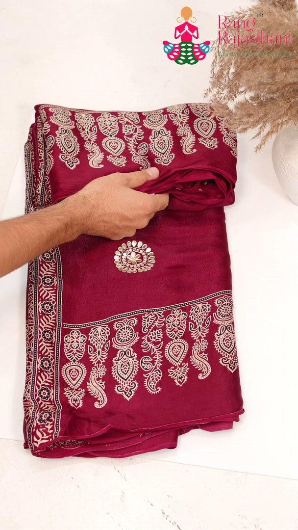 Maroon Modal Ajrakh Print Saree for Festive Celebration | Buy Today