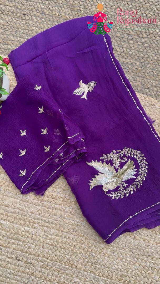 Purple Pure Chiffon Zari Embroidery Saree for Sangeet Night | Luxury Edit