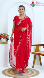 Red Synthetic Zari Embroidery Saree for Karwa Chauth | Designer Edit