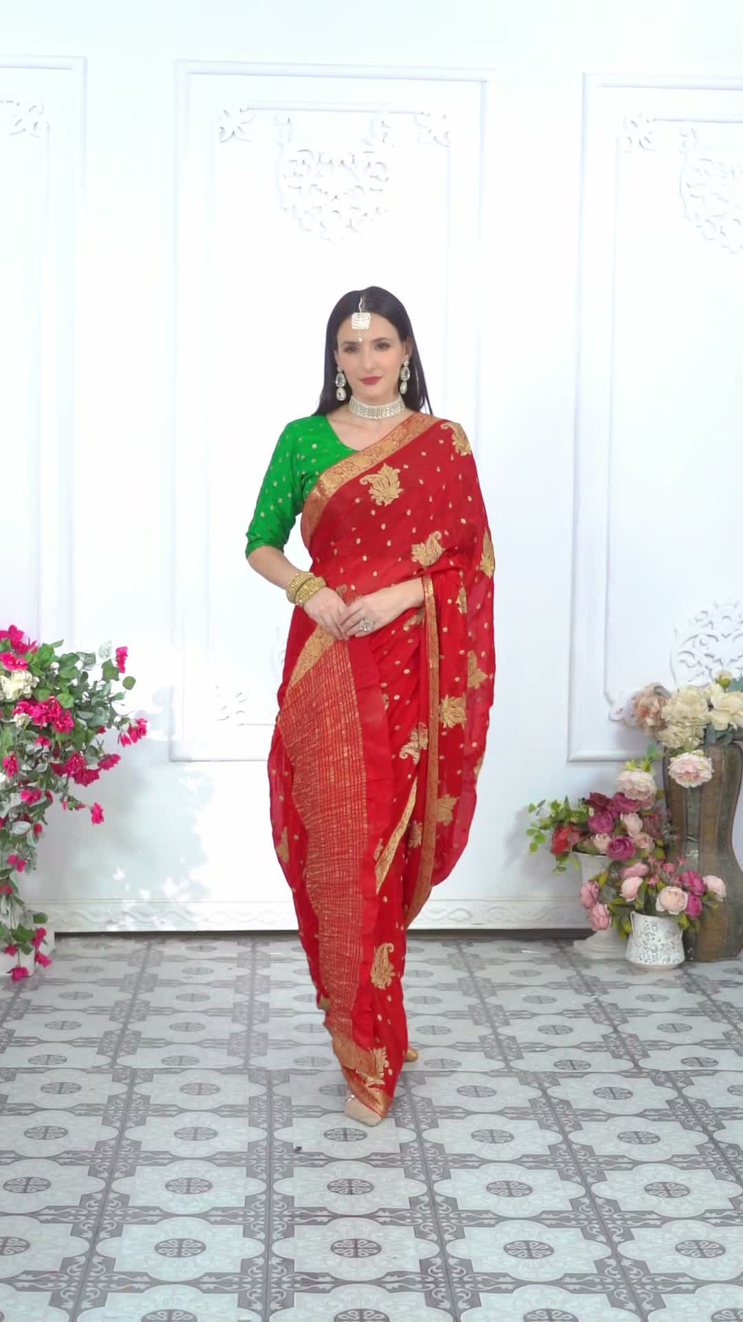 Red Chinnon Zari Embroidery Saree for Wedding Guest | Editor Choice