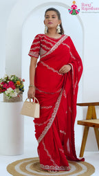 Red Synthetic Zari Embroidery Saree for Wedding Guest | Handpicked Pick