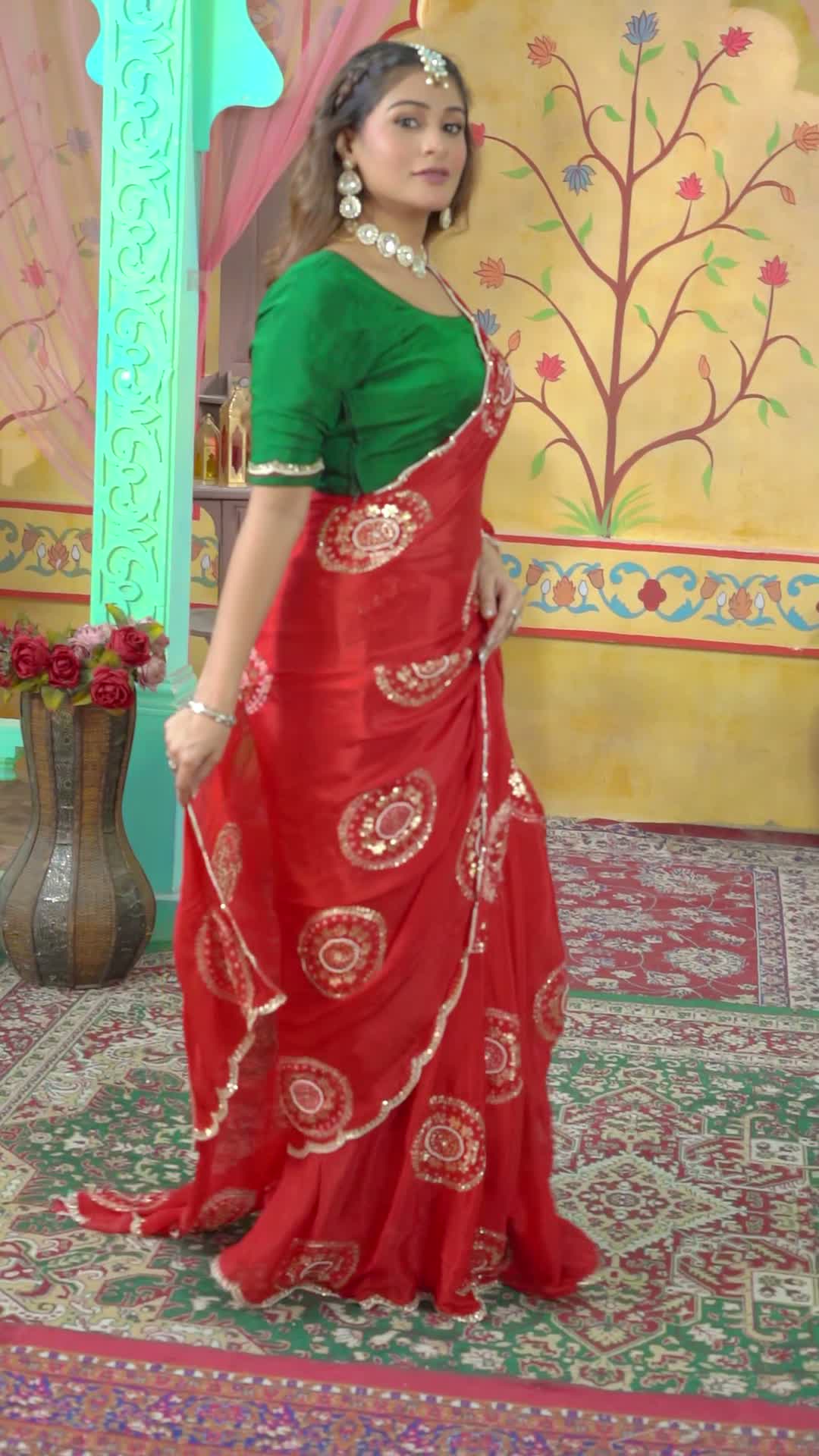 Red Chinnon Banarasi Zari Weave Saree for Wedding Guest | Festive Pick
