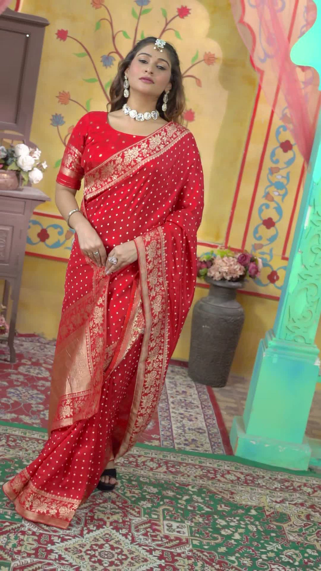 Red Pure Dola Silk Banarasi Zari Weave Saree for Wedding Guest | Elegant Edit