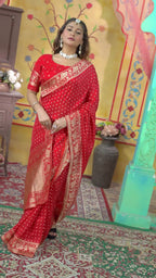 Red Pure Dola Silk Banarasi Zari Weave Saree for Wedding Guest | Elegant Edit