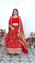 Red Gajji Silk Bandhani Lehenga Chunni for Wedding Reception | Customer Favourite