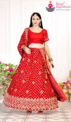 Red Pure Gaji Silk Festive saree with Handwork and Bandhani from Rang Rajasthani