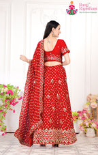 Red Pure Gaji Silk saree with Handwork and Bandhani close up detailing