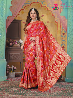 Red Soft Georgette Bandhani Weaving Chunri Saree for Mayra Ceremony | Wedding Edit
