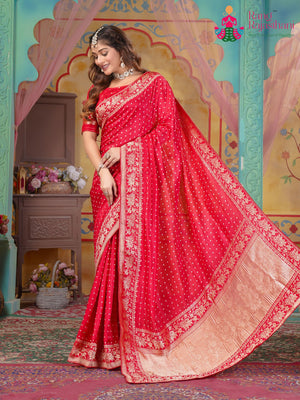 Red Pure Dola Silk Bandhani Print Chunri Saree for Wedding Guest | Reception Pick