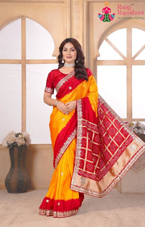 Red Yellow Silk Ghatchola Bandhni Saree : Gota Heritage main-image
