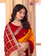 Red-Yellow Pure Silk saree with Gotta Patti and Ghatchola Work side drape view