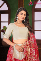 Beige and Red Pure Gajji Silk saree with Hand Work close up detailing