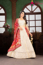 Beige and Red Pure Gajji Silk saree with Hand Work side drape view