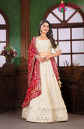 Beige and Red Pure Gajji Silk Wedding saree with Hand Work from Rang Rajasthani