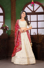 Beige and Red Pure Gajji Silk Wedding saree with Hand Work from Rang Rajasthani