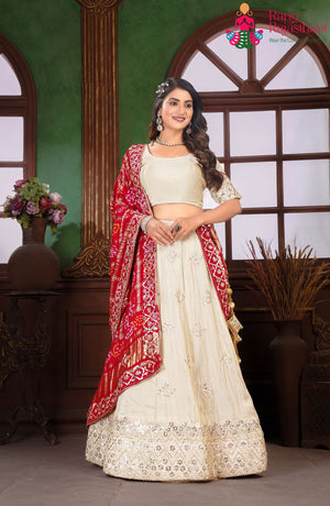 Beige Pure Gaji Silk Hand Tie Dye Bandhani Gharchola Lehenga Chunni for Wedding Reception | Exclusive Pick