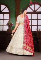 Beige and Red Pure Gajji Silk saree with Hand Work back view