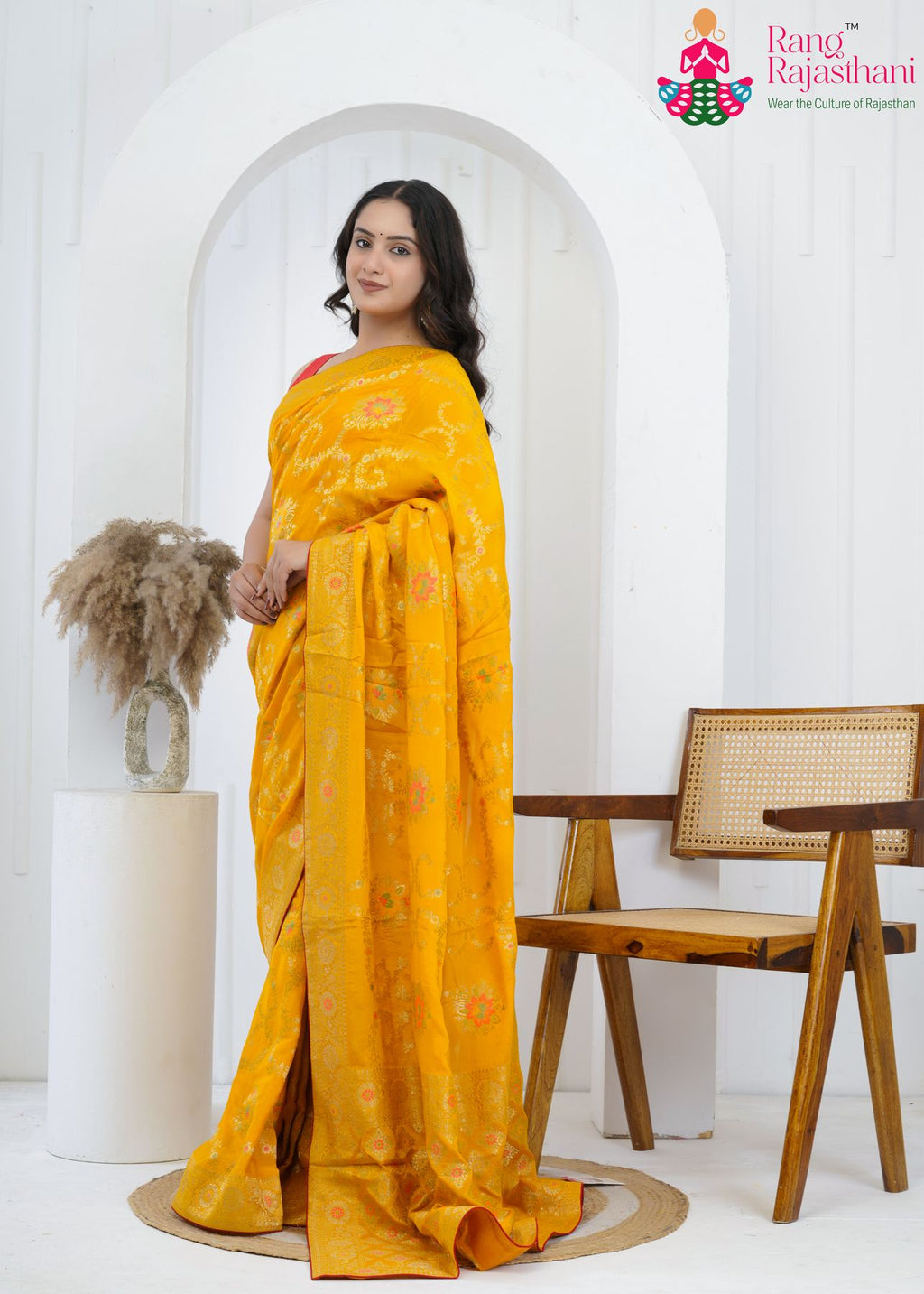 Yellow Crape Chinon Heritage Saree : Meenakari Zari Charm