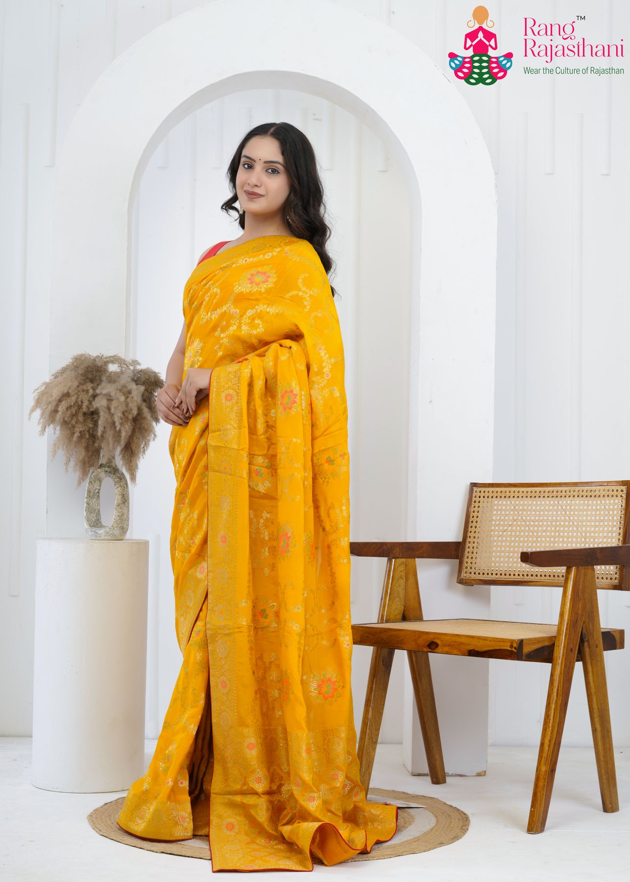 Yellow Crape Chinon Heritage Saree : Meenakari Zari Charm