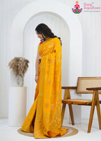 Yellow Pure Crape Chinon saree with Banarasi Khaddi Work Mina Jaal side drape view