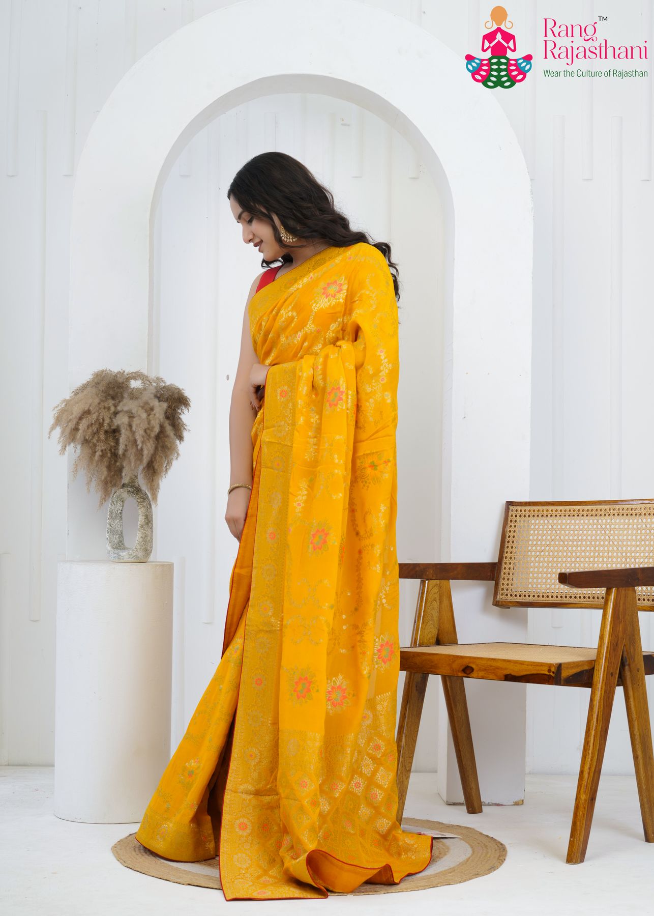 Yellow Crape Chinon Heritage Saree : Meenakari Zari Charm