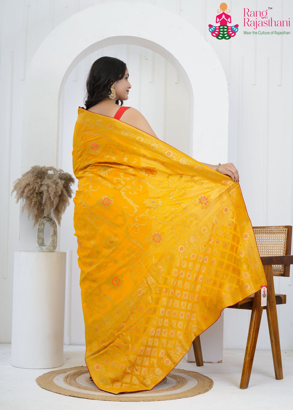 Yellow Crape Chinon Heritage Saree : Meenakari Zari Charm