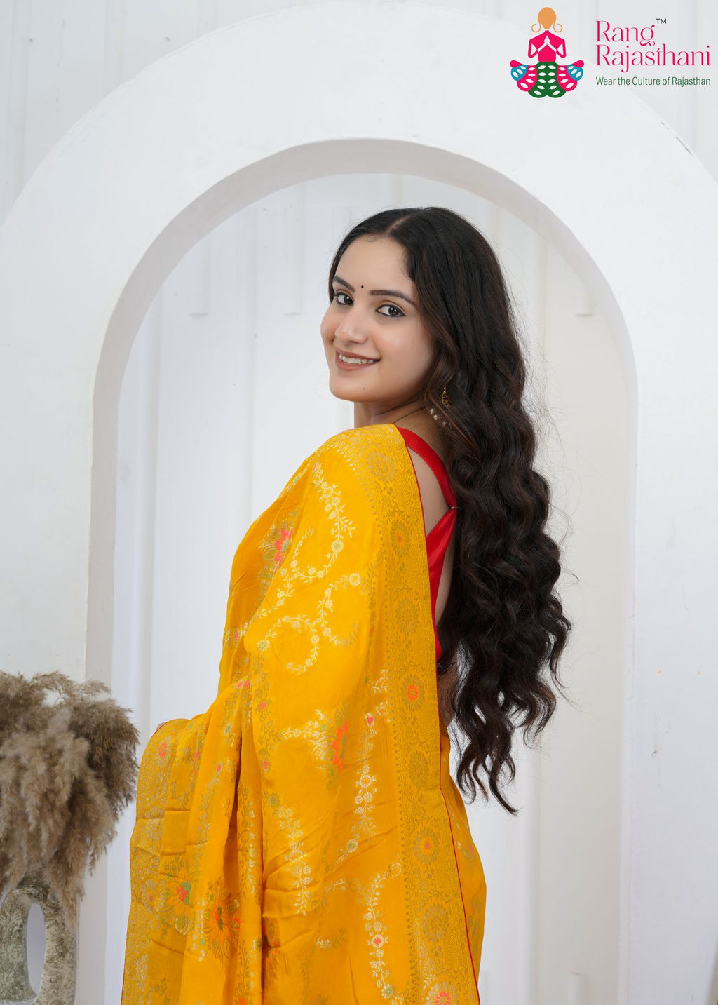 Yellow Crape Chinon Heritage Saree : Meenakari Zari Charm